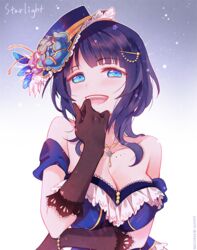  :d asaka_karin bare_shoulders black_gloves blue_eyes blue_headwear blush breasts cleavage collarbone commentary_request dated female flower gloves hair_ornament jewelry kanucone lace-trimmed_gloves lace_trim large_breasts looking_at_viewer love_live! love_live!_nijigasaki_high_school_idol_club love_live!_school_idol_festival_all_stars mole mole_on_body mole_on_collarbone multiple_moles necklace open_mouth purple_hair short_hair smile solo starlight_(love_live!) twitter_username upper_body 