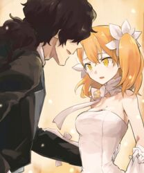  1boy akizuki_maku bare_arms black_jacket blush bow bowtie breasts bride cleavage collar commentary_request dress fate/grand_order fate_(series) female from_side fujimaru_ritsuka_(female) fujimaru_ritsuka_(female)_(fgo_orchestra) gloves hair_between_eyes hair_ornament hair_over_eyes jacket large_breasts long_hair medium_hair official_alternate_costume okada_izou_(fate) one_side_up open_mouth orange_eyes orange_hair sleeveless smile strapless strapless_dress wedding_dress white_bow white_bowtie white_collar white_dress white_gloves 