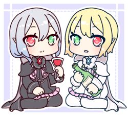  2girls alcohol black_capelet black_dress black_footwear black_legwear blonde_hair blush boots border bottle capelet chains chibi closed_mouth commentary_request crystal cup dress drinking_glass frilled_dress frills full_body green_eyes grey_hair hand_up heart heart-shaped_pupils heart_in_eye heterochromia holding iris_blanche iris_noire light_blush looking_at_viewer muguet multiple_girls open_mouth outline red_eyes rune_factory rune_factory_frontier siblings sisters sitting smile symbol-shaped_pupils symbol_in_eye thighhighs white_capelet white_dress white_footwear white_legwear white_outline wine wine_bottle wine_glass 