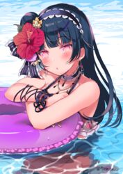  bare_shoulders bikini blue_bikini blue_hair blunt_bangs choker commentary_request earrings female flower frilled_bikini frilled_choker frills fuyuzima hair_bun hair_flower hair_ornament hairband halterneck hibiscus highres innertube jewelry jitome lips long_hair looking_at_viewer love_live! love_live!_sunshine!! mole mole_under_mouth parted_lips partially_submerged purple_eyes single_hair_bun single_side_bun solo swim_ring swimsuit tsushima_yoshiko twitter_username water 