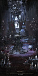  1boy annalise_queen_of_the_vilebloods bare_shoulders black_gloves blood blood_on_weapon bloodborne brown_hair buckle candle carpet chair chalice chandelier commentary crown cup curtains dress dripping female fire gloves gun handgun hat helmet highres hunter_(bloodborne) medium_hair melting on_one_knee silk sitting spider_web spill strap stu_dts sword vambraces wax weapon white_dress window 