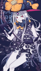  abigail_williams_(fate) abigail_williams_(third_ascension)_(fate) black_background black_bow black_gloves black_hat black_panties bow colored_skin commentary_request fate/grand_order fate_(series) female flat_chest floating_hair gina_61324 gloves grey_hair hat hat_bow highres holding holding_key key long_hair looking_at_viewer orange_bow panties parted_bangs print_bow revealing_clothes solo third_eye underwear very_long_hair white_skin witch_hat 