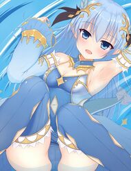  blue_eyes blue_hair blush breasts female hair_between_eyes hair_ornament horns king&#039;s_raid lilia_(king&#039;s_raid) long_hair looking_at_viewer open_mouth small_breasts solo sonosakiburi source_request tail 