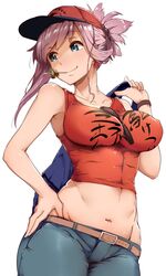  abs asymmetrical_hair backpack bag baseball_cap belt between_breasts blue_eyes breasts chopsticks chopsticks_in_mouth clothes_writing collarbone commentary_request covered_nipples crop_top earrings eyewear_hang fate/grand_order fate_(series) female hair_ornament hand_on_own_hip hat highres impossible_clothes jewelry large_breasts looking_to_the_side lowleg lowleg_pants midriff miyamoto_musashi_(fate) miyamoto_musashi_(traveling_outfit)_(fate) navel pants pink_hair smile solo tank_top tokiwa_midori_(kyokutou_funamushi) unworn_eyewear wristband 