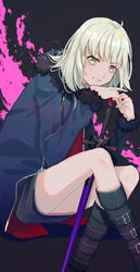  belt_boots black_background black_coat black_dress black_footwear boots coat commentary_request dress fate/grand_order fate_(series) female fur-trimmed_coat fur-trimmed_sleeves fur_trim gina_61324 grin hand_on_hilt invisible_chair jeanne_d&#039;arc_alter_(fate) jeanne_d&#039;arc_alter_(ver._shinjuku_1999)_(fate) knee_boots long_sleeves looking_at_viewer official_alternate_costume open_clothes open_coat parted_lips short_dress short_hair sitting smile solo sword weapon white_hair yellow_eyes 