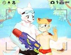  2017 anthro beach blush canid canine clothing duo male mammal seaside snorkel swimwear toy toy_gun water_gun woong 