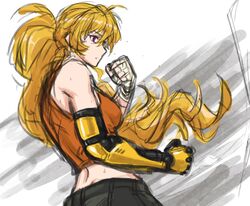  amputee bandage bandaged_hands bandages blonde_hair female long_hair ponytail prosthesis prosthetic_arm rwby sweat violet_eyes yang_xiao_long 