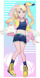  arm_up blonde_hair blue_eyes blue_shorts blue_socks blue_tank_top breasts cardigan commentary_request feathered_wings female full_body gina_61324 hair_ornament kneehighs long_hair long_sleeves looking_at_viewer midriff navel open_cardigan open_clothes original pink_cardigan shoes short_shorts shorts small_breasts sneakers socks solo stomach swept_bangs tank_top thigh_gap twintails v very_long_hair white_wings wings yellow_footwear 