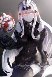  abyssal_ship aircraft_carrier_water_oni bad_id bad_pixiv_id black_dress boots closed_mouth commentary_request detached_sleeves dress female floating_fortress_(kancolle) hair_between_eyes highres kantai_collection knee_boots long_hair looking_at_viewer orange_eyes ribbed_dress short_dress thighs very_long_hair weasel_(close-to-the-edge) white_hair 