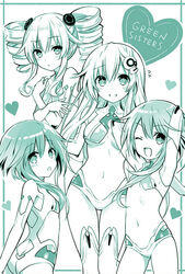  4girls bad_id bad_link black_sister cosplay covering_breasts covering_privates green_heart_(neptunia) green_heart_(neptunia)_(cosplay) green_theme heart highres looking_at_viewer monochrome multiple_girls neptune_(series) official_art one_eye_closed open_mouth purple_sister scan smile tsunako white_sister_ram white_sister_rom 