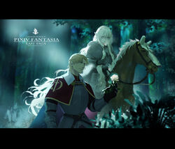  1boy armor blonde_hair blue_eyes breastplate cloak commentary facing_viewer female flower forest gauntlets grey_knight_julia highres horse knight laurel_knight_sylvester letterboxed light_rays long_hair lost_elle nature photoshop_(medium) pixiv_fantasia pixiv_fantasia_last_saga plate_armor pointy_ears riding rose short_hair shoulder_armor walking white_flower white_hair white_rose 