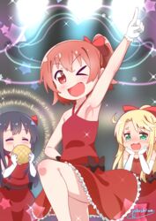  3girls :3 armpits black_hair blonde_hair blush brown_hair closed_eyes collarbone commentary_request dress eating elbow_gloves eyebrows food gloves green_eyes hair_ornament hair_ribbon happy_happy_friends himesaka_noa hoshino_hinata multiple_girls oerba_yun_fang one_eye_closed open_mouth red_dress red_eyes ribbon shirosaki_hana short_hair smile star_(symbol) starry_background watashi_ni_tenshi_ga_maiorita! white_gloves yokoshima_(euphoria) yuri 