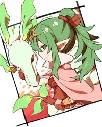  cape closed_mouth commentary_request dragon female fire_emblem fire_emblem:_mystery_of_the_emblem fire_emblem_awakening from_side gloves green_eyes green_hair long_hair pointy_ears ponytail red_gloves shunrai smile tiara tiki_(adult)_(fire_emblem) tiki_(fire_emblem) 