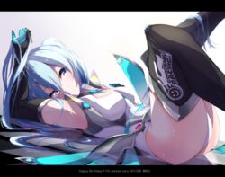  anniversary aqua_eyes aqua_hair arm_up armpits ass bare_hips between_breasts black_footwear black_gloves blue_necktie boots breasts character_name checkered_floor commentary elbow_gloves female from_side gloves goodsmile_racing hair_between_eyes hair_spread_out happy_birthday hatsune_miku highres holding holding_own_hair leotard letterboxed long_hair looking_to_the_side lying medium_breasts murata_ryou necktie necktie_between_breasts neon_trim on_back racing_miku racing_miku_(2013) silver_trim simple_background smile solo thigh_boots thighhighs very_long_hair vocaloid white_background white_leotard 