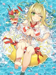  absurdres afloat ahoge bad_id bad_pixiv_id bare_shoulders barefoot bikini blonde_hair blush breasts cleavage collarbone commentary_request criss-cross_halter cup dot_nose earrings fate/extra fate/grand_order fate_(series) feet female food foot_out_of_frame fruit green_eyes hair_intakes halterneck highres holding holding_cup ice_cream innertube jewelry large_breasts long_hair looking_at_viewer navel nero_claudius_(fate) nero_claudius_(swimsuit_caster)_(fate) nero_claudius_(swimsuit_caster)_(third_ascension)_(fate) one_eye_closed photoshop_(medium) platinum_(o0baijin0o) shirt side-tie_bikini_bottom smile soles solo strawberry striped_bikini striped_clothes swim_ring swimsuit toes twintails water white_shirt 