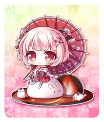  :3 animal black_bow blush bow checkered_background chibi closed_mouth commentary cuisine_dimension double_bun feline female flower food fruit hair_bun hair_flower hair_ornament hair_ribbon hairbow highres holding holding_umbrella ichigo_daifuku_(cuisine_dimension) japanese_clothes kimono long_sleeves looking_at_viewer obi off_shoulder oil-paper_umbrella pink_hair pleated_skirt rabbit red_eyes red_ribbon red_skirt red_umbrella ribbon ribbon-trimmed_sleeves ribbon_trim ryuuka_sane sash seal_(animal) short_hair sitting skirt sleeves_past_wrists solo strawberry thighhighs tray umbrella white_flower white_kimono white_thighhighs wide_sleeves 