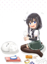  adjusting_hair alternate_costume alternate_hairstyle arm_warmers asashio_(kancolle) bag black_hair black_thighhighs blue_eyes blush book box braid breast_padding breasts cloud_hair_ornament comiching commentary_request cosplay cotton_ball embarrassed female full_body gradient_background grey_skirt hair_between_eyes hair_ornament highres kantai_collection long_hair looking_at_viewer medium_breasts minegumo_(kancolle) minegumo_(kancolle)_(cosplay) mirror no_shoes open_mouth paper pleated_skirt polka_dot polka_dot_background rubber_band school_uniform scissors shadow shirt short_sleeves sitting skirt solo stuffing surprised suspenders sweatdrop tape thighhighs translation_request twin_braids wariza white_background white_shirt 