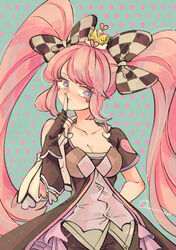  arm_behind_back bad_id bad_pixiv_id big_hair bow breasts buttons checkered_bow checkered_clothes chimame_(c55mm) cleavage closed_mouth collarbone commentary_request crown eyelashes female finger_to_mouth hand_up head_tilt index_finger_raised large_bow long_hair looking_at_viewer megido72 pink_hair polka_dot polka_dot_background shushing solo succubus_(megido72) twintails 