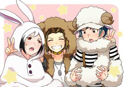  3boys animal_ears animal_hood brown_eyes brown_hair capelet closed_eyes commentary_request cosplay dog_hood dog_tags double_v green_hair grin himeno_kanon himeno_kanon_(cosplay) hood idolmaster idolmaster_side-m igari_leo koron_chris male_focus mofumofuen_(idolmaster) multicolored_hair multiple_boys niki_(nikism1987) okamura_nao okamura_nao_(cosplay) protected_link rabbit_ears rabbit_hood red_eyes sheep_hat shiraishi_eru smile streaked_hair sweatdrop tachibana_shiro_(idolmaster) tachibana_shiro_(idolmaster)_(cosplay) two-tone_hair upper_body v vest white_hair wool 