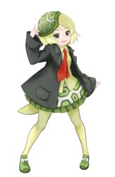  :d black_jacket blonde_hair commentary_request female frilled_skirt frills full_body green_eyes green_shirt hat ise_(0425) jacket kemono_friends legs_apart leopard_tortoise_(kemono_friends) long_sleeves looking_at_viewer necktie open_mouth print_skirt red_necktie shirt short_hair simple_background skirt smile solo standing tail turtle_shell white_background wide_sleeves 