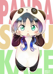  animal_costume barefoot blue_hair commentary_request dated english_text female full_body green_eyes hinata_yuu kantai_collection long_hair low_twintails panda_costume photoshop_(medium) pinching_sleeves sleeves_past_wrists solo suzukaze_(kancolle) text_background twintails white_background 