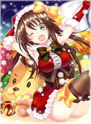  :d arms_up bad_id bad_pixiv_id bag bow breasts brown_thighhighs commentary_request corset elbow_gloves female fur-trimmed_gloves fur-trimmed_skirt fur_hat fur_trim fuusha gift_bag gloves green_eyes hair_between_eyes hairbow hat himekawa_yuki holding holding_bag idolmaster idolmaster_cinderella_girls large_breasts looking_at_viewer miniskirt one_eye_closed open_mouth outstretched_arm plaid_neckwear red_gloves red_skirt santa_costume sitting skirt smile solo sparkle sweatdrop thighhighs yellow_bow 