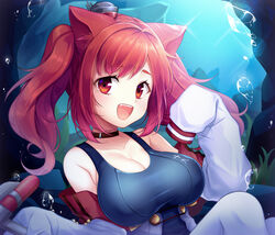  air_bubble animal_ears azur_lane bad_id bad_pixiv_id blue_one-piece_swimsuit blush breasts bubble cat_ears cleavage collar collarbone commentary_request coral female hair_between_eyes hair_ornament highres i-19_(azur_lane) jacket large_breasts light_rays long_hair long_sleeves looking_at_viewer ocean oerba_yun_fang one-piece_swimsuit open_mouth photoshop_(medium) red_eyes red_hair rock school_swimsuit sleeves_past_wrists smile solo swimming swimsuit thighhighs torpedo twintails underwater utata_(122) white_jacket white_thighhighs 