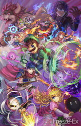  2girls amamiya_ren aura black_hair blonde_hair blue_hair bob-omb bowser bowser_jr. breasts brown_hair cleavage_cutout clothing_cutout commentary dress english_commentary fire fire_emblem fire_emblem:_path_of_radiance freeze-ex galaxia_(sword) giga_bowser gloves head_fuse headband ike_(fire_emblem) incineroar jewelry junior_clown_car kirby kirby_(series) long_hair looking_at_viewer luigi luigi&#039;s_mansion mario_(series) md5_mismatch meta_knight mewtwo mother_(game) mother_2 motion_blur multiple_boys multiple_girls ness_(mother_2) open_mouth persona persona_5 photoshop_(medium) pokemon pokemon_(creature) poltergust_g-00 ponytail princess_peach princess_zelda simple_background smile super_smash_bros. sword the_legend_of_zelda the_legend_of_zelda:_a_link_between_worlds the_legend_of_zelda:_breath_of_the_wild vacuum_cleaner weapon 