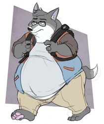  anthro backpack barefoot belly belly_overhang big_belly biped canid canine canis captainjusticevirtsuoso clothed clothing eyewear feet fur glasses grey_body grey_fur hi_res jacket male mammal moobs open_clothing open_jacket open_topwear overweight overweight_anthro overweight_male solo topwear walking white_body white_fur wolf 