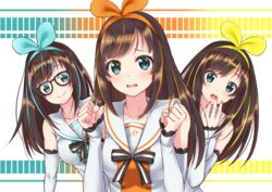  3girls bare_shoulders bespectacled black-framed_eyewear black_ribbon blonde_hair blue_eyes blue_hair blue_hairband blue_ribbon blush breasts clenched_hands closed_mouth collarbone commentary_request detached_sleeves fingernails glasses hairband hand_to_own_mouth kizuna_ai kizuna_ai_inc. long_hair long_sleeves looking_at_viewer medium_breasts multicolored_background multicolored_hair multiple_girls multiple_persona nail_polish nyanmaru_(ememing) open_mouth orange_hair orange_hairband orange_ribbon pink_nails ribbon sailor_collar shirt sidelocks sleeves_past_wrists smile streaked_hair swept_bangs tareme upper_body virtual_youtuber white_sailor_collar white_shirt yellow_hairband yellow_ribbon 