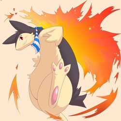  1:1 3_fingers 3_toes ambiguous_gender anthro black_body black_fur blush feet fingers fire fur generation_2_pokemon nintendo pawpads paws pink_pawpads pokemon pokemon_(species) red_eyes sanaki scarf short_tail simple_background smile solo tail tan_body tan_fur teeth toes typhlosion 