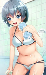  :d bad_id bad_pixiv_id bathroom bathtub bikini blue_eyes blush breasts collarbone cowboy_shot female grey_hair hair_between_eyes hand_up highres holding indoors looking_at_viewer lowleg lowleg_bikini multi-strapped_bikini navel noshimasa o-ring o-ring_bikini o-ring_top open_mouth original photoshop_(medium) shiny_skin short_hair shower_head sidelocks small_breasts smile soap soap_bubbles solo sponge string_bikini swimsuit tile_wall tiles underboob water white_bikini 