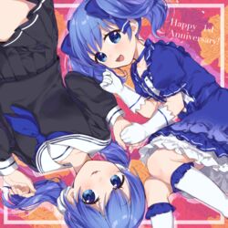  2girls :d aged_up anniversary bad_id bad_pixiv_id black_serafuku black_shirt black_skirt blue_bow blue_dress blue_eyes blue_hair blue_neckerchief blush bow commentary_request dress dual_persona floral_background flower frilled_legwear gloves hair_between_eyes hairbow kneehighs long_sleeves looking_at_viewer multiple_girls neckerchief nijisanji open_mouth orange_flower orange_rose parted_lips pleated_skirt puffy_short_sleeves puffy_sleeves red_flower red_rose rose rose_background sailor_collar school_uniform serafuku shirt short_sleeves skirt smile socks twintails virtual_youtuber white_gloves white_legwear white_sailor_collar yamabukiiro yuuki_chihiro yuuki_chihiro_(1st_costume) yuuki_chihiro_(2nd_costume) 