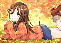  argyle_clothes argyle_sweater autumn_leaves bad_id bad_pixiv_id blue_ribbon blue_skirt boots brown_footwear brown_hair commentary_request female frilled_skirt frills from_side fur_boots fuusha green_eyes hair_between_eyes hair_ornament hairclip himekawa_yuki idolmaster idolmaster_cinderella_girls leaf long_hair long_sleeves looking_at_viewer lying maple_leaf miniskirt neck_ribbon on_stomach orange_sweater pleated_skirt ribbon skirt smile solo sweater twitter_username 