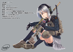  absurdres bad_id bad_pixiv_id bike_shorts black_socks blazer dreadtie female gloves grey_background grey_hair gun hair_between_eyes hair_over_one_eye han_konoka headset highres jacket juice_box knee_pads looking_at_viewer omamori original pleated_skirt rifle school_uniform scope shindan_maker short_hair shorts shorts_under_skirt signature sitting skirt socks solo suppressor translated watermark weapon web_address yellow_eyes 