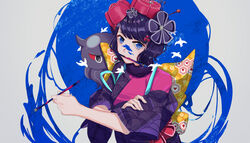  alternate_eye_color back_bow black_kimono blue_eyes bow checkered_bow checkered_clothes commentary_request fate/grand_order fate_(series) female gina_61324 grey_background hair_ornament holding holding_brush japanese_clothes katsushika_hokusai_(fate) kimono looking_at_viewer paint_splatter print_kimono purple_hair short_hair sleeves_rolled_up tokitarou_(fate) upper_body yellow_bow 