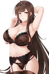  :o absurdres ahoge alternate_costume arm_behind_head arm_up armpits aslindsamure bangs bare_shoulders black_bra black_legwear black_panties blunt_bangs blush bra breasts brown_hair cameltoe cleavage collarbone cowboy_shot curvy dsr-50_(girls_frontline) eyebrows_visible_through_hair female garter_belt garter_straps girls_frontline hair_between_eyes half-closed_eyes hand_up highres hip_focus large_breasts lingerie long_hair looking_at_viewer navel paid_reward panties patreon_reward red_eyes sidelocks simple_background skindentation solo stomach thighhighs underwear underwear_only very_long_hair white_background 