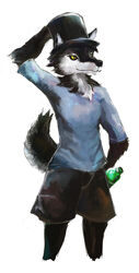  absurd_res anthro beverage black_body black_fur black_nose black_sclera bottomwear canid canine canis clothed clothing digital_media_(artwork) digital_painting_(artwork) domestic_dog fur hat headgear headwear hi_res husky male mammal nordic_sled_dog plive portrait shorts simple_background soda solo spitz sprite_(soda) thehuskyk9 three-quarter_portrait top_hat white_background white_body white_fur yellow_eyes 