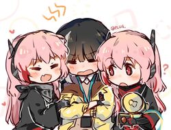  3girls banana_(girls&#039;_frontline) black_hair blush chibi clone closed_eyes commentary_request dinergate_(girls&#039;_frontline) girl_sandwich girls&#039;_frontline headset m4_sopmod_ii_(girls&#039;_frontline) m4_sopmod_ii_(mod3)_(girls&#039;_frontline) multiple_girls non-humanoid_robot pink_hair plug_(feng-yushu) red_eyes ro635_(girls&#039;_frontline) robot sandwiched time_paradox 