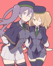  2girls ;d akizuki_maku atlas_academy_school_uniform black_jacket black_thighhighs blue_headwear breasts commentary_request dot_nose fate/grand_order fate_(series) fujimaru_ritsuka_(female) green_necktie hair_between_eyes hat jacket large_breasts long_hair long_sleeves looking_at_viewer medium_hair multiple_girls necktie one_eye_closed one_side_up open_mouth orange_eyes orange_hair purple_eyes red_background school_uniform shirt side_ponytail simple_background sion_eltnam_sokaris skirt smile thighhighs uniform white_shirt white_skirt 