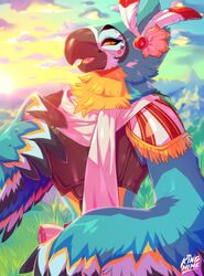  anthro avian avoid_posting beak bird black_beak blue_body blue_feathers breath_of_the_wild chest_tuft clothed clothing detailed_background enjoipandas feathered_wings feathers grass hi_res kass_(tloz) looking_at_viewer male markings mountain multicolored_body multicolored_feathers nintendo open_mouth orange_eyes plant rito scarf sky smile solo the_legend_of_zelda tuft white_body white_feathers wings yellow_body yellow_feathers 