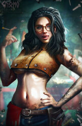  belt black_hair black_nails blurry blurry_background braid breasts brown_eyes cigarette cleavage commentary crop_top denim denim_shorts depth_of_field devil_may_cry_(series) devil_may_cry_5 dirty dirty_clothes female freckles glasses gnomo_del_bosque hand_on_own_hip highres lips medium_hair nail_polish navel nico_(devil_may_cry) nose photoshop_(medium) red-framed_eyewear screw short_shorts shorts smile solo stomach tattoo tools underboob undershirt utility_belt 