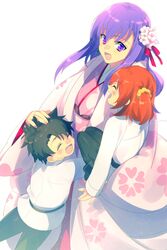  1boy 2girls aged_down black_hair chaldea_uniform commentary_request echo_(circa) fate/grand_order fate_(series) floral_print flower fujimaru_ritsuka_(female) fujimaru_ritsuka_(male) hair_flower hair_ornament happy headpat japanese_clothes kasuga_no_tsubone_(fate) kimono lolicon matou_sakura multiple_girls orange_hair pantyhose parvati_(fate) purple_hair scrunchie 