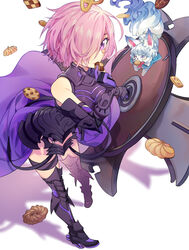  absurdres animal armor armored_dress bad_id bad_pixiv_id bare_shoulders black_dress black_thighhighs breasts commentary_request cookie dress fate/grand_order fate_(series) female food fou_(fate) fur gauntlets hair_over_one_eye highres holding holding_cookie holding_food large_breasts light_purple_hair looking_at_viewer lord_camelot_(fate) mash_kyrielight photoshop_(medium) platinum_(o0baijin0o) purple_eyes purple_hair shield short_hair simple_background smile solo thighhighs white_background 