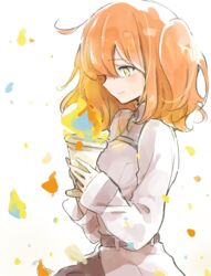  ahoge akizuki_maku belt black_belt blush breasts chaldea_uniform commentary_request cup fate/grand_order fate_(series) female fujimaru_ritsuka_(female) hair_between_eyes holding holding_cup large_breasts long_sleeves medium_hair one_side_up orange_eyes orange_hair simple_background sleeves_past_wrists smile solo white_background 