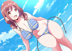  :d bad_id bad_pixiv_id bikini blue_bikini breasts brown_eyes brown_hair commentary_request curvy day dutch_angle female hair_over_shoulder harukana_receive large_breasts looking_at_viewer low_twintails naruse_mai navel oozora_haruka_(harukana_receive) open_mouth outdoors plaid plaid_bikini sky smile solo swimsuit twintails 