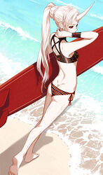  barefoot beach bikini black_sclera bracelet colored_sclera colored_skin commentary dark_persona dishwasher1910 earrings english_commentary female full_body grimm_(rwby) highres holding holding_surfboard horns jewelry long_hair looking_at_viewer looking_back outdoors ponytail red_eyes rwby sand side-tie_bikini_bottom single_horn solo striped_bikini striped_clothes surfboard swimsuit veins water waves weiss_schnee white_hair white_skin 