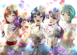  5girls aqua_flower aqua_hair aqua_rose bang_dream! blue_choker blue_flower blue_hair blue_rose blush bracelet brown_hair choker closed_eyes commentary_request dress elbow_gloves flower gem gloves green_eyes grin hair_flower hair_ornament hikawa_sayo holding_own_arm imai_lisa jewelry long_hair minato_yukina mokka_(31911633) multiple_girls open_mouth pink_flower pink_rose purple_eyes purple_flower purple_hair purple_rose red_flower red_rose rose roselia_(bang_dream!) shirokane_rinko short_hair smile udagawa_ako yellow_eyes yellow_flower yellow_rose 