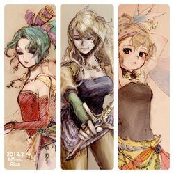  bad_id bad_twitter_id bare_shoulders blonde_hair blush breasts celes_chere cleavage commentary_request earrings final_fantasy final_fantasy_vi green_hair hat jewelry komugiko_no_mori long_hair looking_at_viewer multiple_girls open_mouth paintbrush pantyhose ponytail relm_arrowny short_hair smile sword terra_branford weapon 