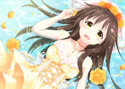  bad_id bad_pixiv_id breasts bridal_veil brown_hair cleavage collarbone commentary_request corset dress female flower flower_on_liquid from_above fuusha green_eyes hair_flower hair_ornament head_wreath himekawa_yuki idolmaster idolmaster_cinderella_girls jewelry layered_dress long_hair looking_at_viewer lying medium_breasts necklace on_back orange_flower orange_rose petals petals_on_liquid rose solo strapless strapless_dress veil very_long_hair water yellow_dress yellow_flower yellow_rose 